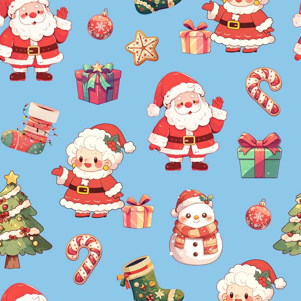 Cute Santa Claus Mrs Claus Snowman Christmas Gift Blue Background