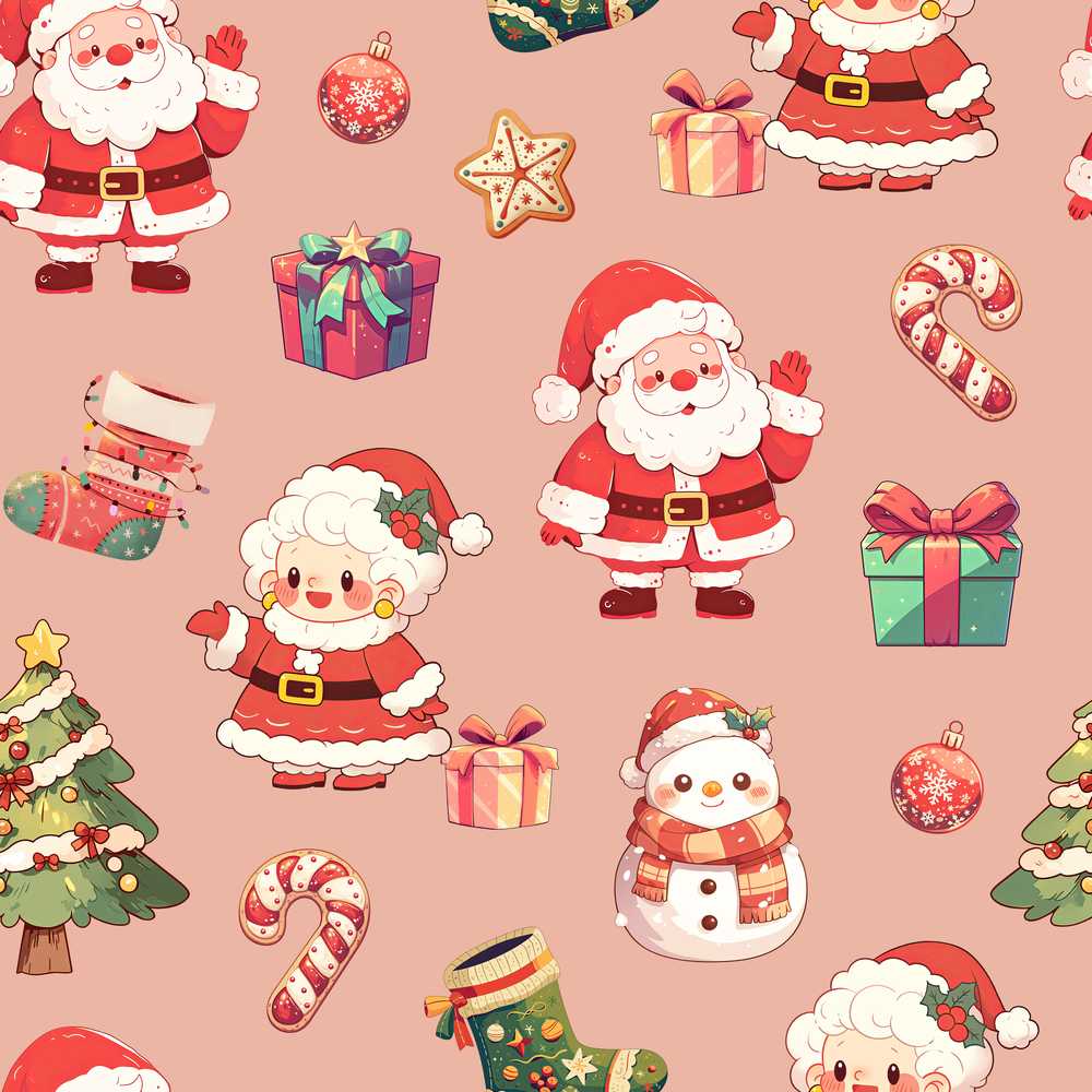 Cute Santa Claus Mrs Claus Snowman Christmas Gift Peach Background