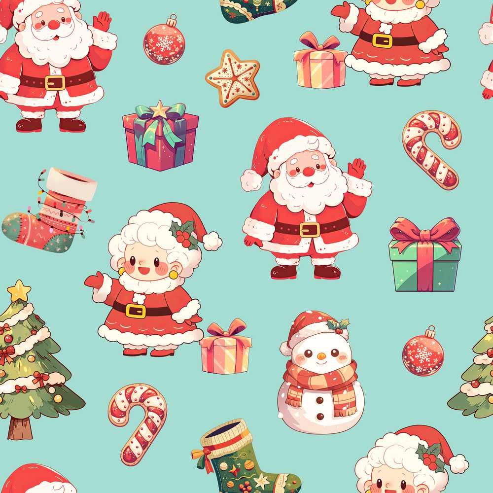 Cute Santa Claus Mrs Claus Snowman Christmas Gift Teal Background