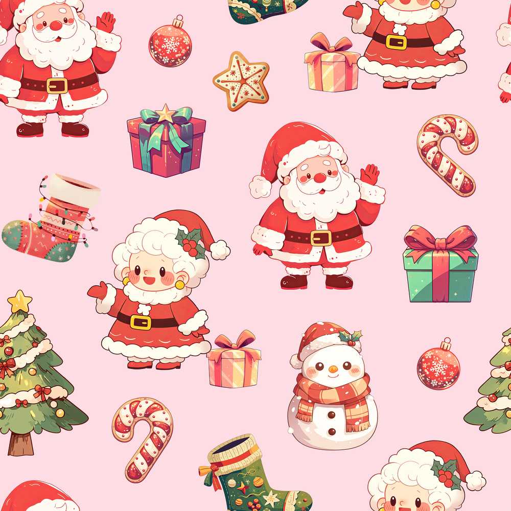 Cute Santa Claus Mrs Claus Snowman Christmas Gift Pink Background