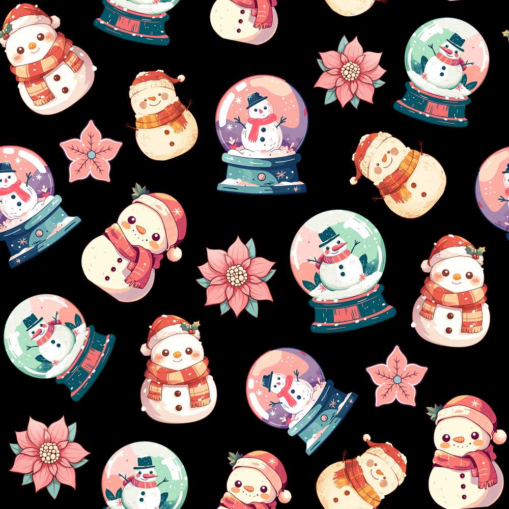 Cute Snowman Snow Globe Poinsettia Flower Christmas Black Background