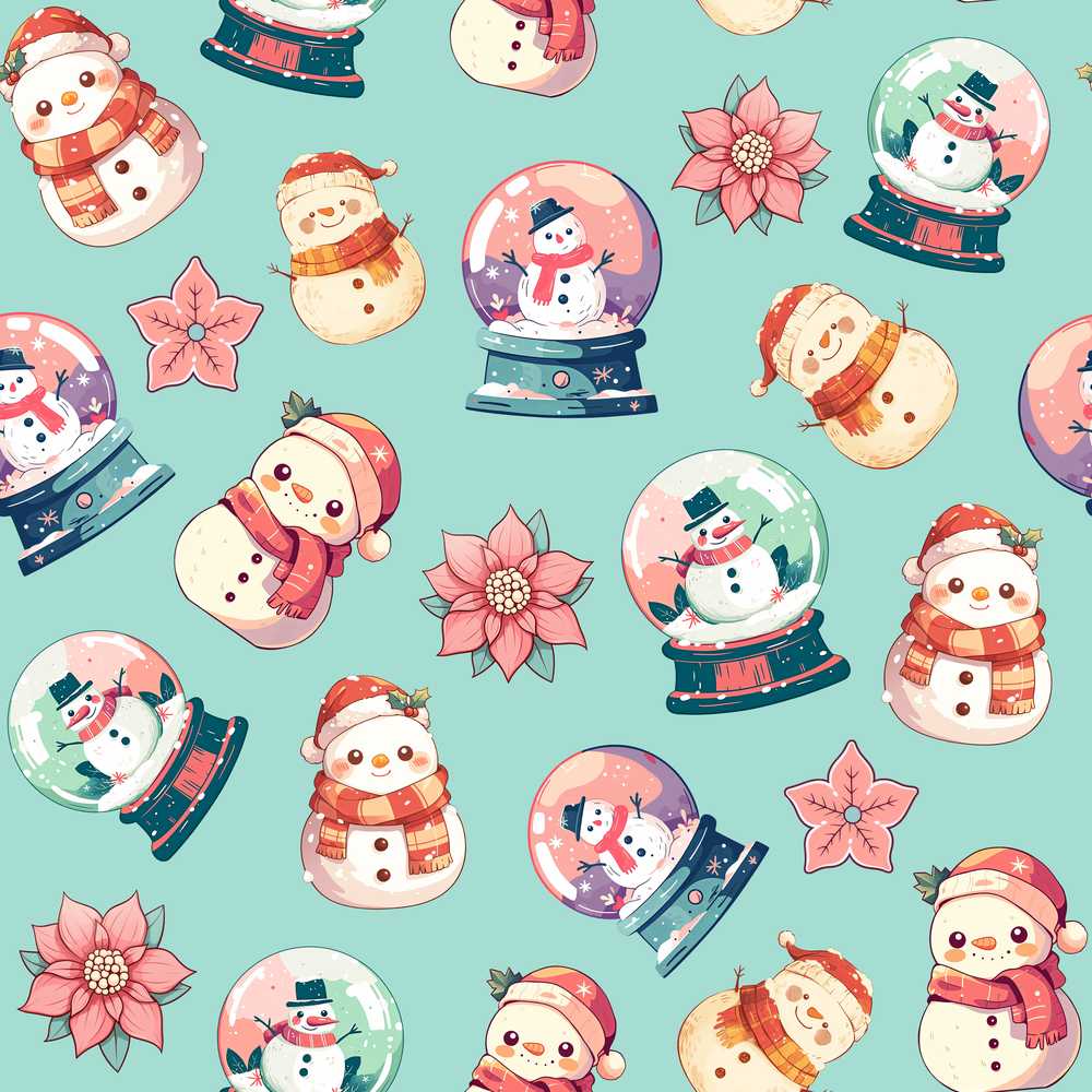 Cute Snowman Snow Globe Poinsettia Flower Christmas Teal Background