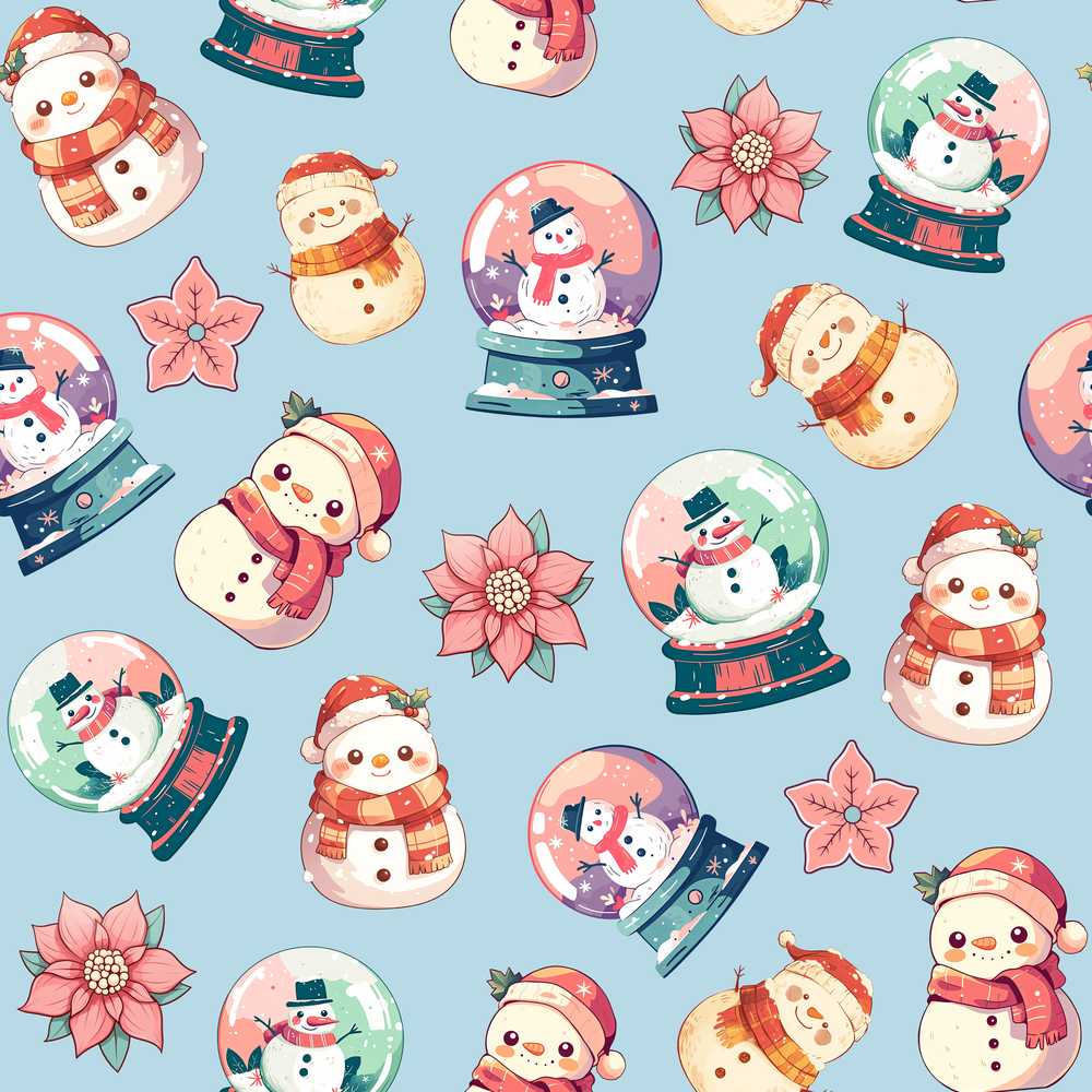 Cute Snowman Snow Globe Poinsettia Flower Christmas Blue Background