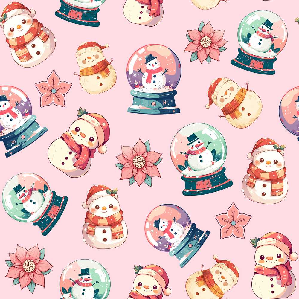 Cute Snowman Snow Globe Poinsettia Flower Christmas Light Pink Background