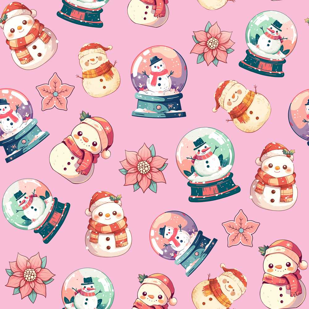 Cute Snowman Snow Globe Poinsettia Flower Christmas Dusty Pink Background