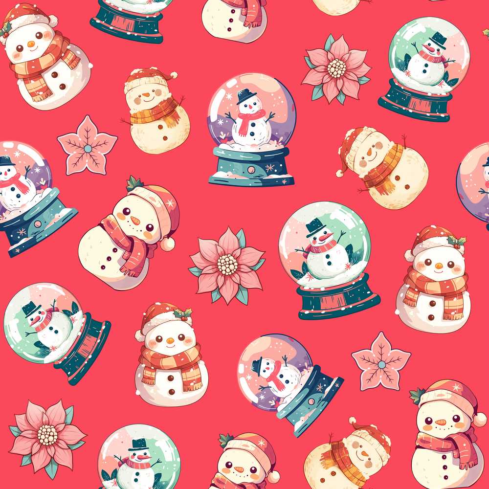 Cute Snowman Snow Globe Poinsettia Flower Christmas Red Background