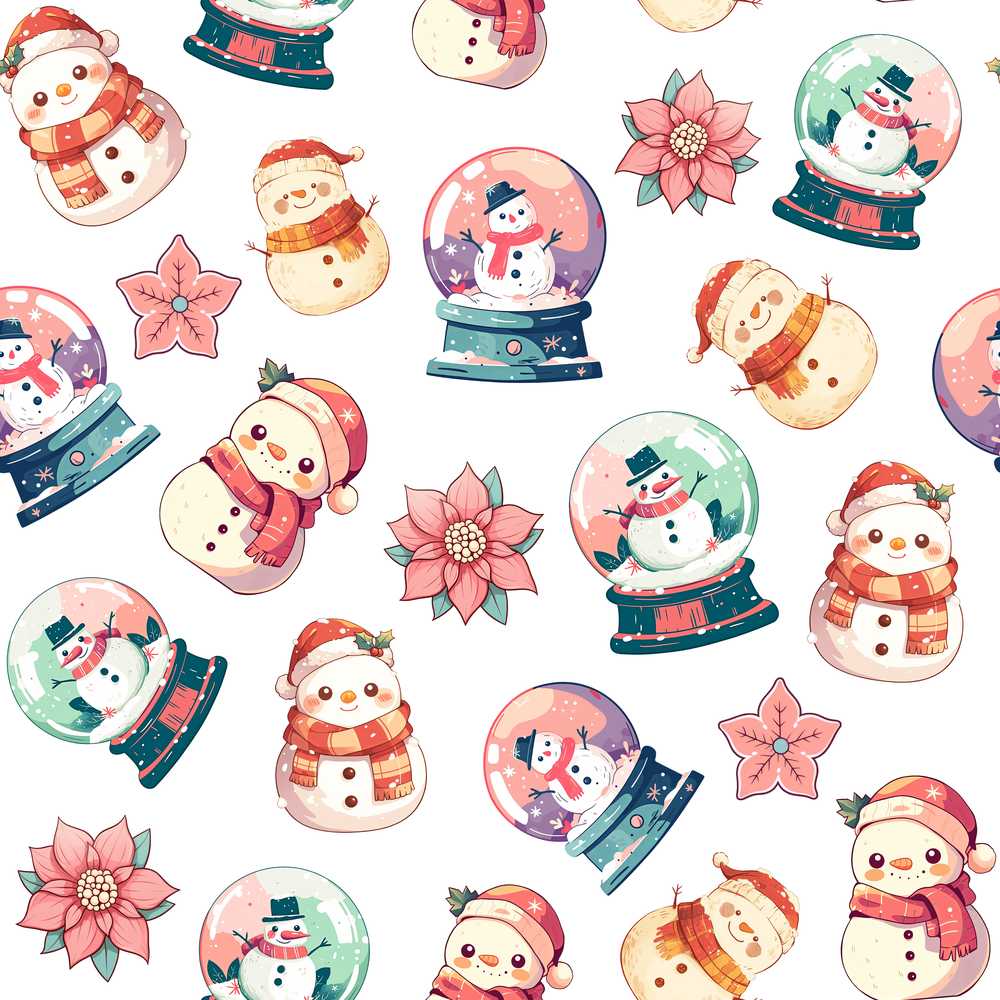 Cute Snowman Snow Globe Poinsettia Flower Christmas White Background