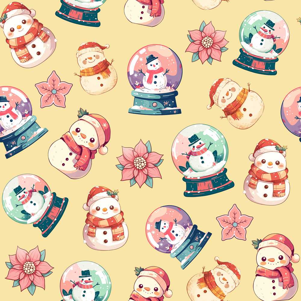Cute Snowman Snow Globe Poinsettia Flower Christmas Yellow Background