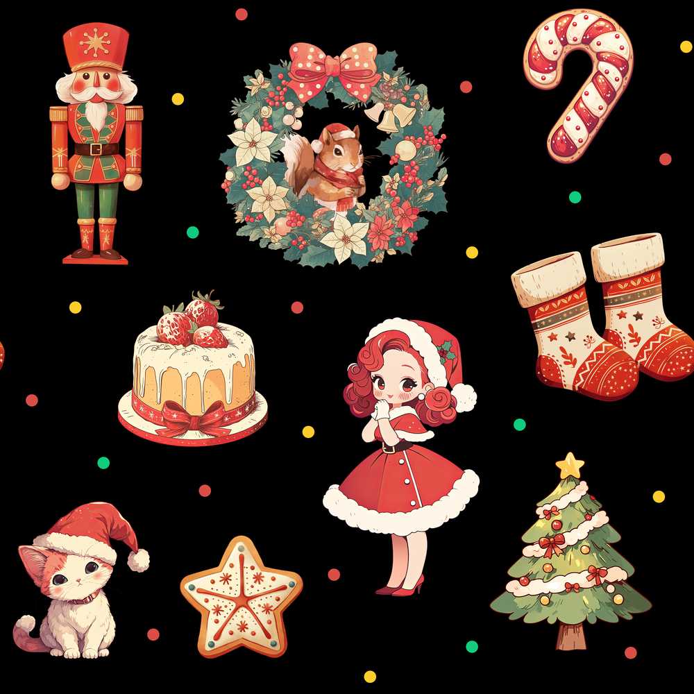 Cute Christmas Nutcracker Squirrel Cake Candy Cane Girl Tree Black
