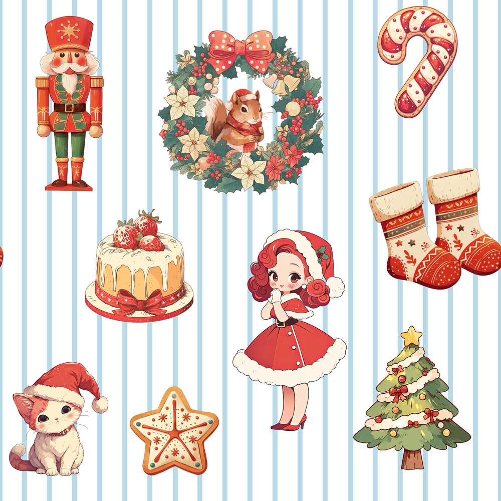 Christmas Nutcracker Squirrel Cake Candy Cane Girl Tree lue Stripe
