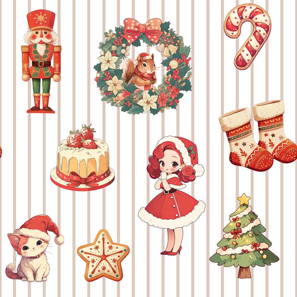 Christmas Nutcracker Squirrel Candy Cane Girl Tree Neutral Stripe Background