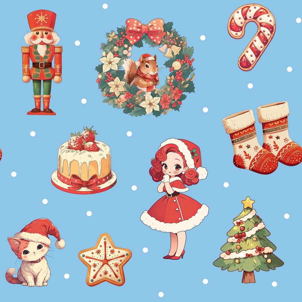 Christmas Nutcracker Squirrel Cake Candy Cane Girl Tree Blue Snow