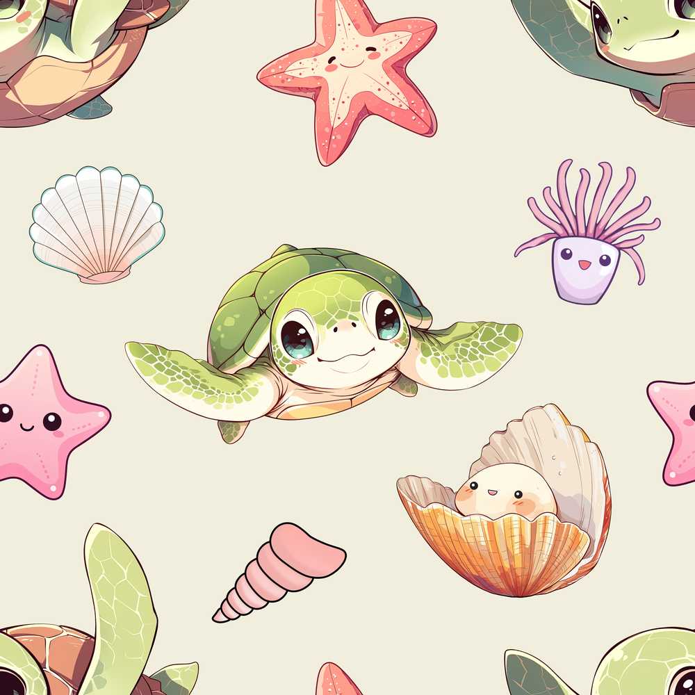 Cute Sea Turtle Starfish Shell Kawaii Ocean Beige Background