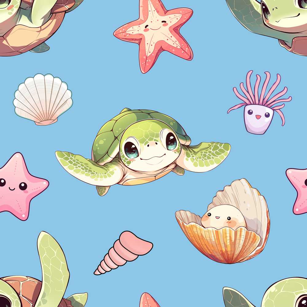 Cute Sea Turtle Starfish Shell Kawaii Ocean Blue Background