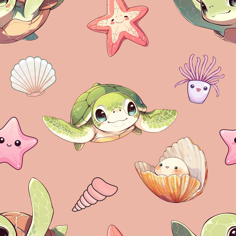 Cute Sea Turtle Starfish Shell Kawaii Ocean Peach Background