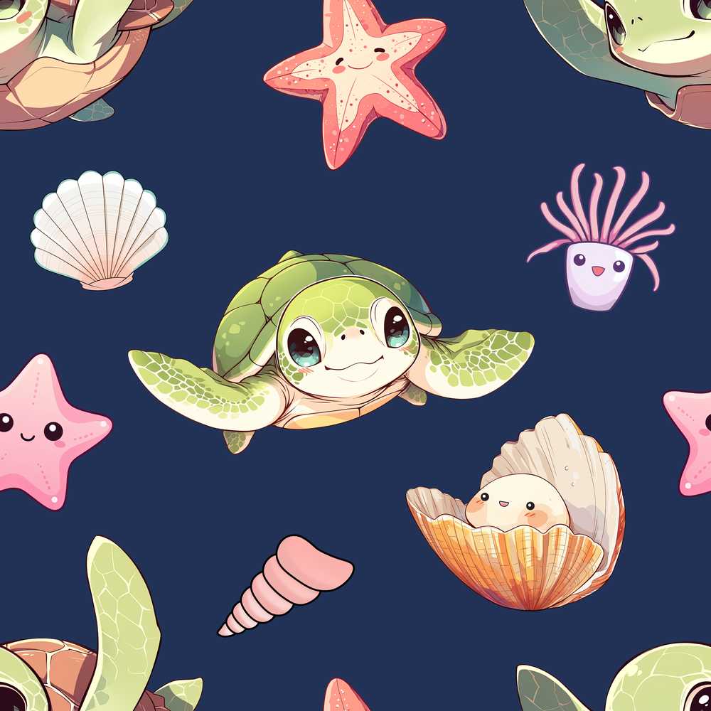 Cute Sea Turtle Starfish Shell Kawaii Ocean Navy Background