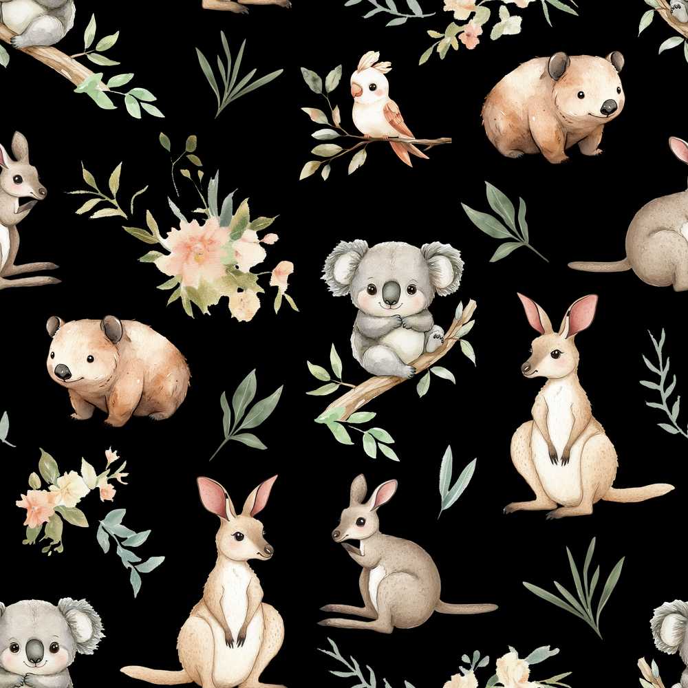 Cute Woodland Animals Koala Kangaroo Bear Floral Black Background