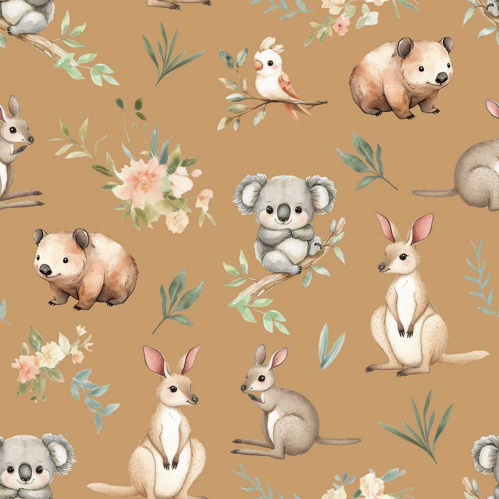 Cute Woodland Animals Koala Kangaroo Bear Floral Brown Background