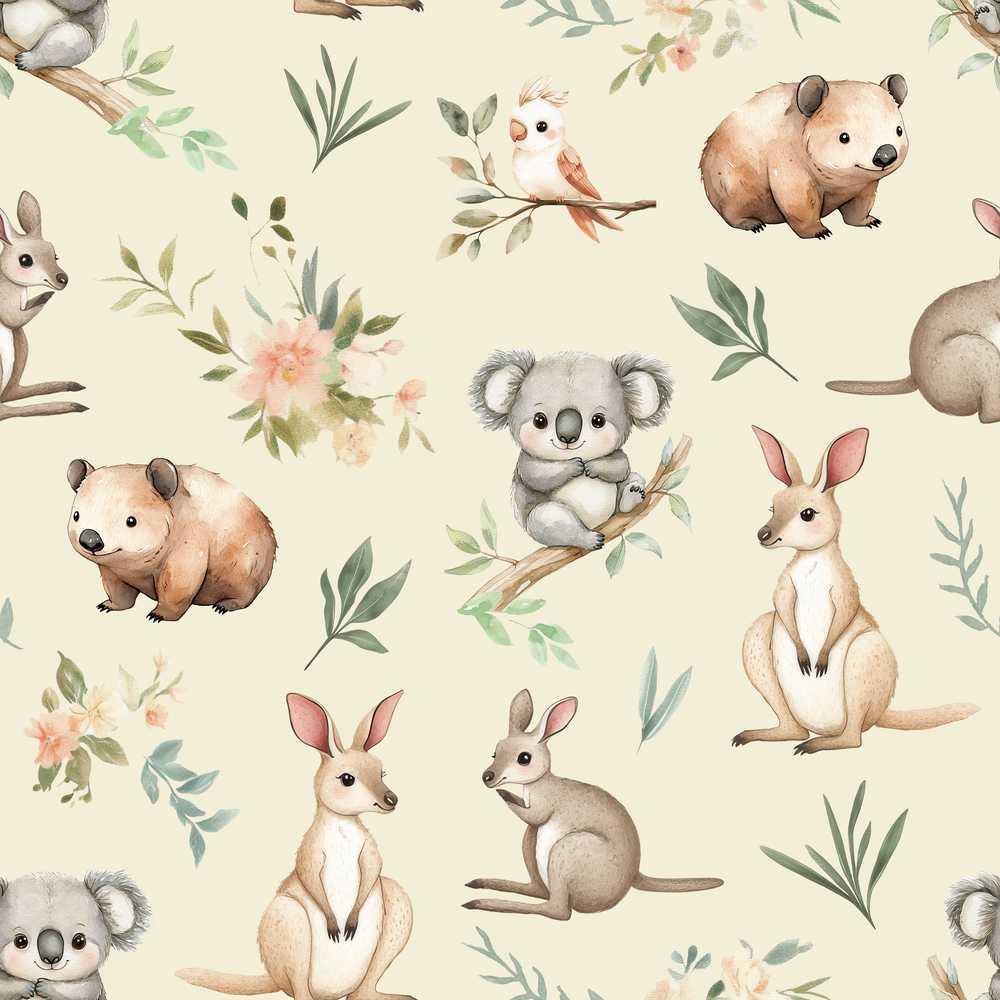 Cute Woodland Animals Koala Kangaroo Bear Floral Cream Background
