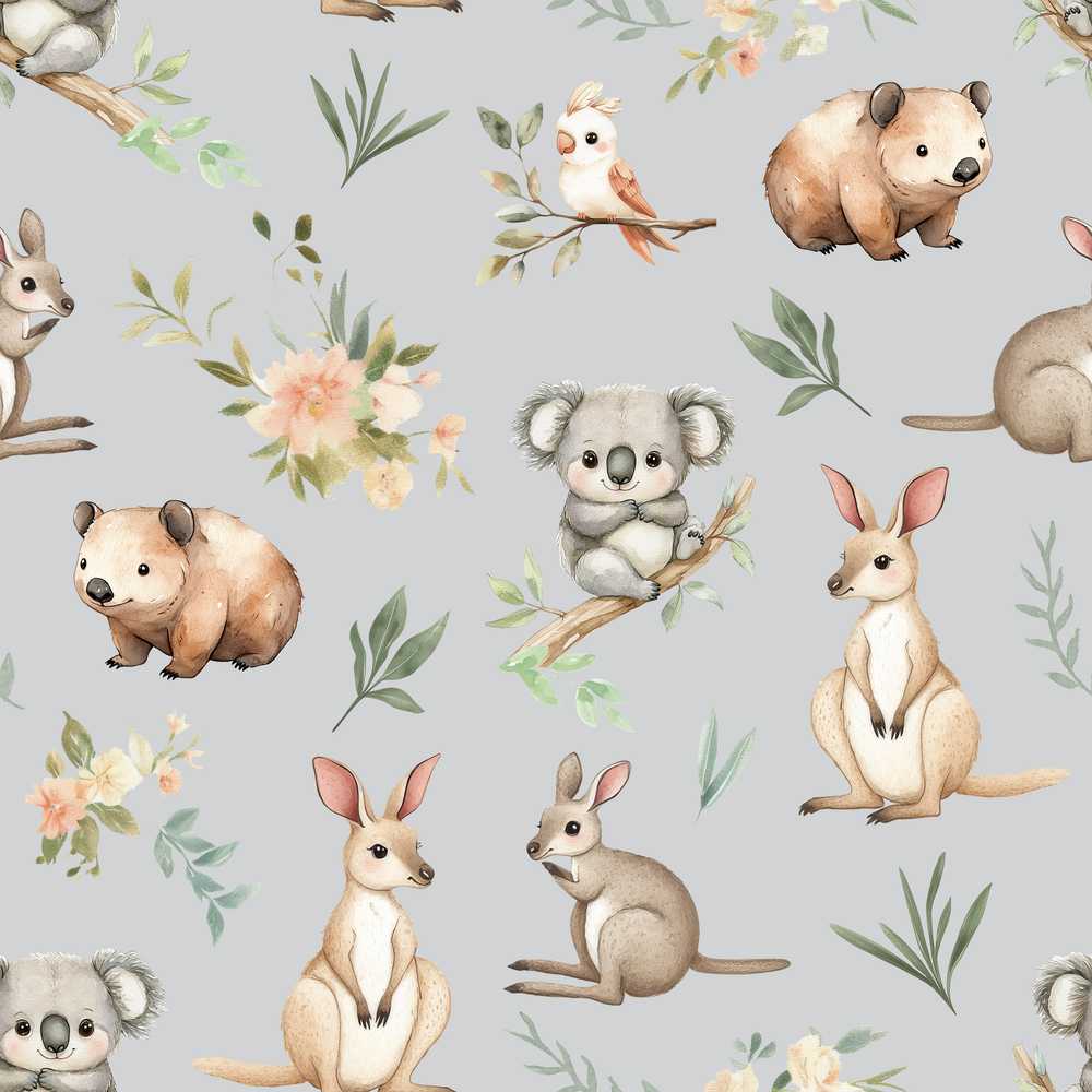 Cute Woodland Animals Koala Kangaroo Bear Floral Grey Background