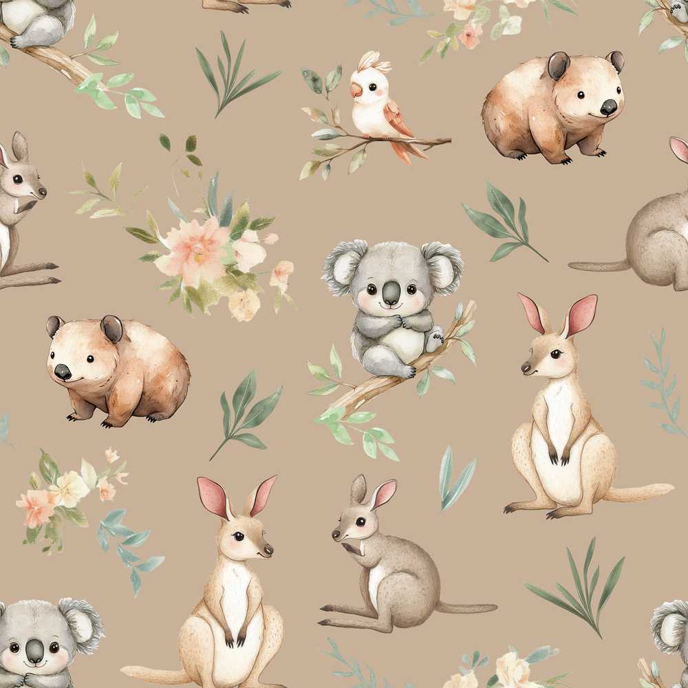 Cute Woodland Animals Koala Kangaroo Bear Floral Taupe Background