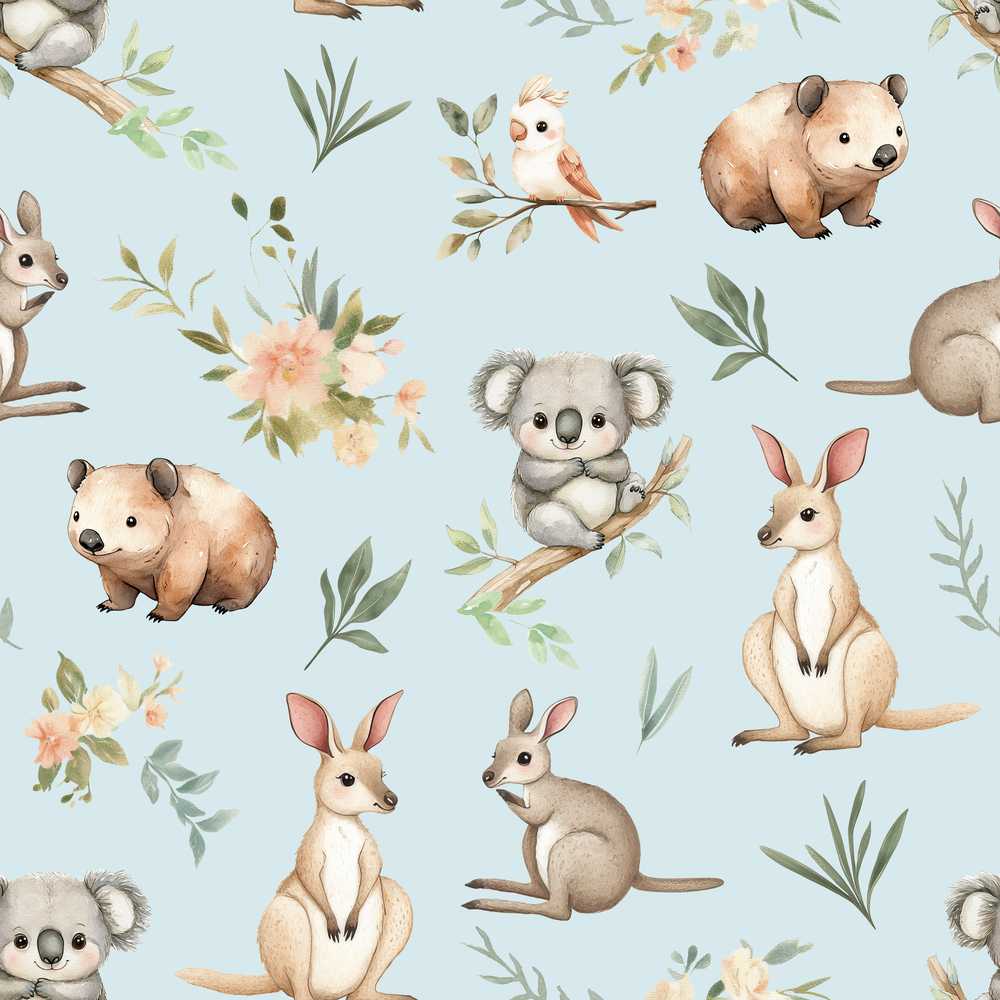 Cute Woodland Animals Koala Kangaroo Bear Floral Blue Background