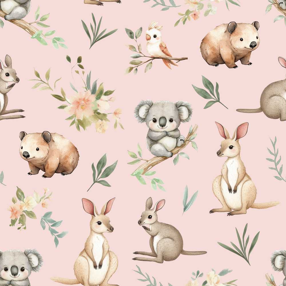 Cute Woodland Animals Koala Kangaroo Bear Floral Blush Pink Background