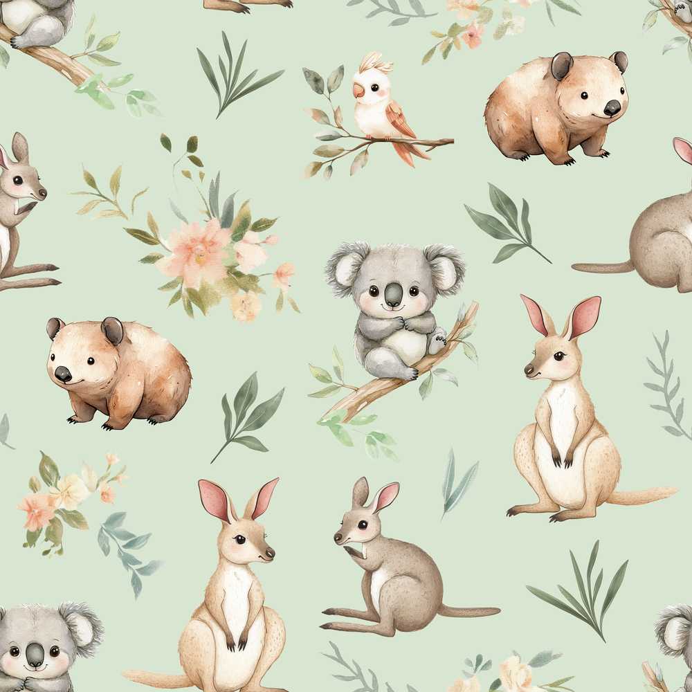 Cute Woodland Animals Koala Kangaroo Bear Floral Sage Green Background