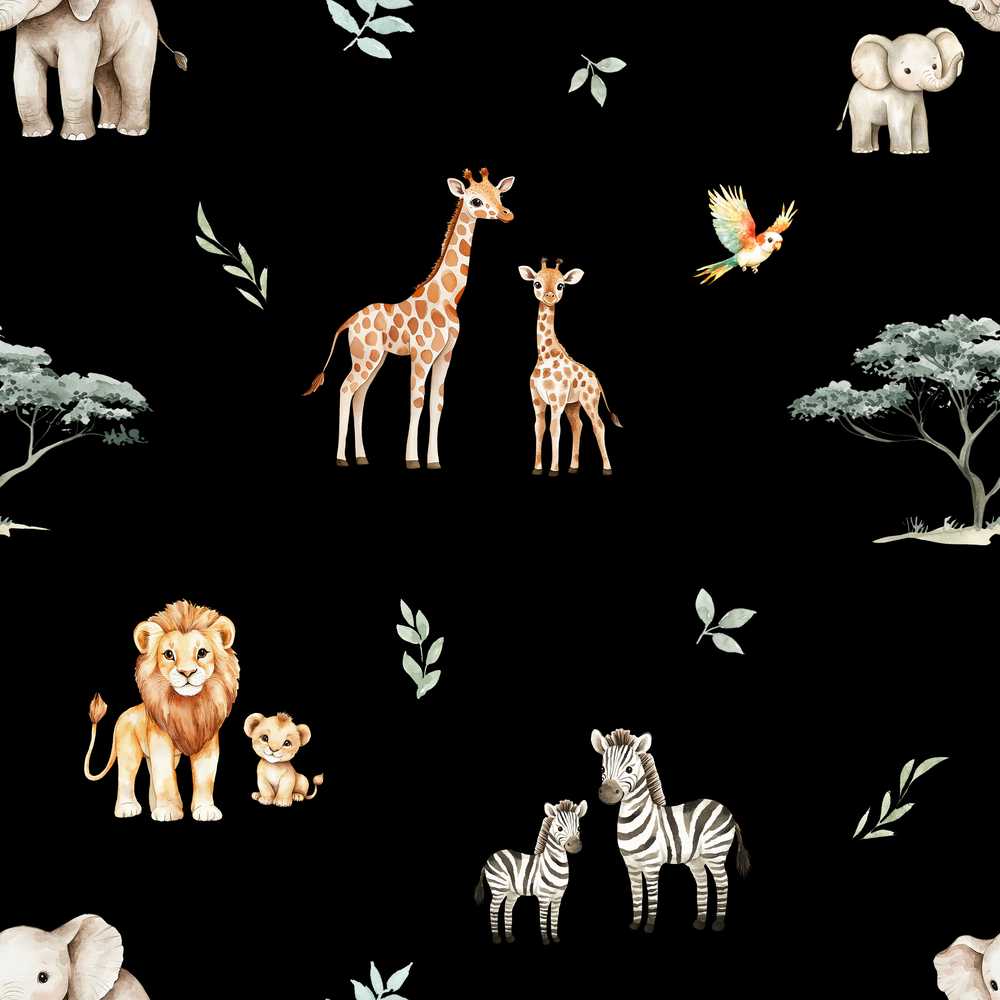 Cute Safari Animals Lion Giraffe Zebra Elephant Brown Background