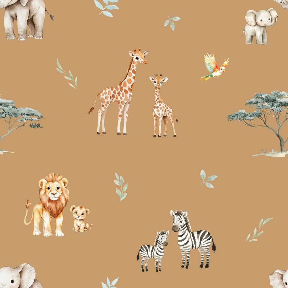 Cute Safari Animals Lion Giraffe Zebra Elephant Cream Background