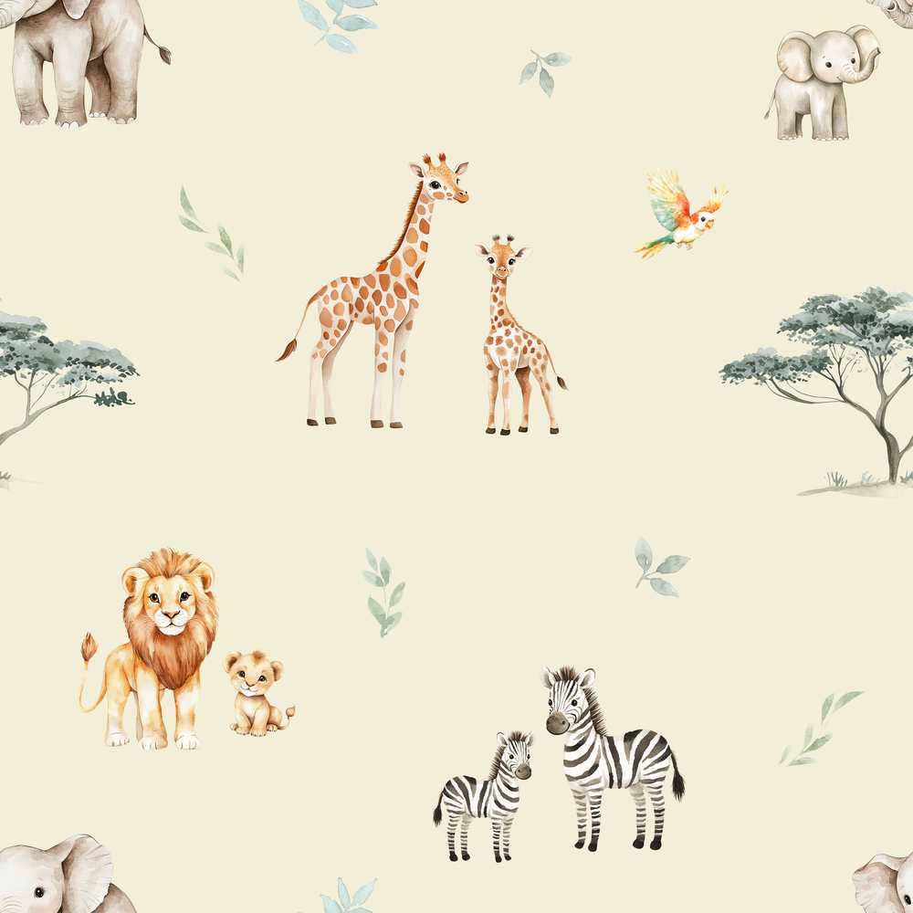 Cute Safari Animals Lion Giraffe Zebra Elephant Beige Background