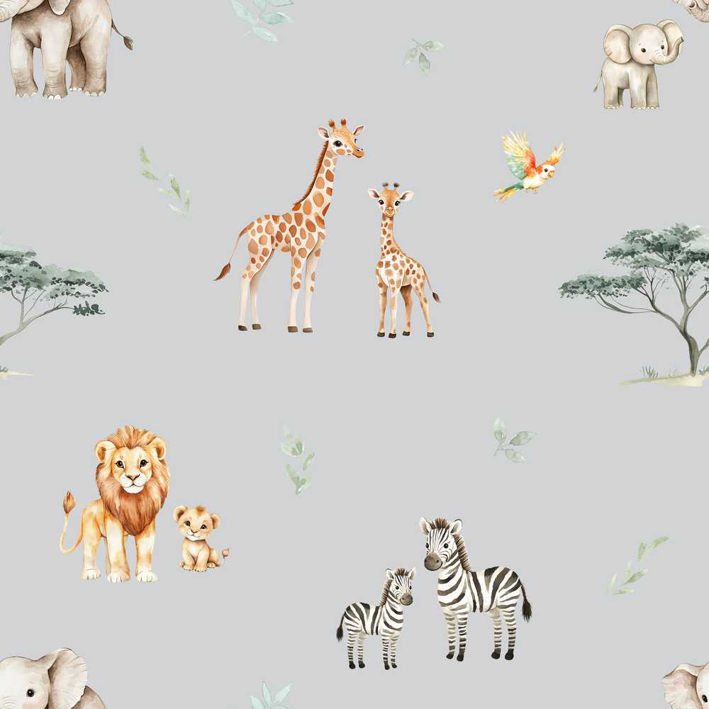 Cute Safari Animals Giraffe Lion Zebra Parrot Grey Background
