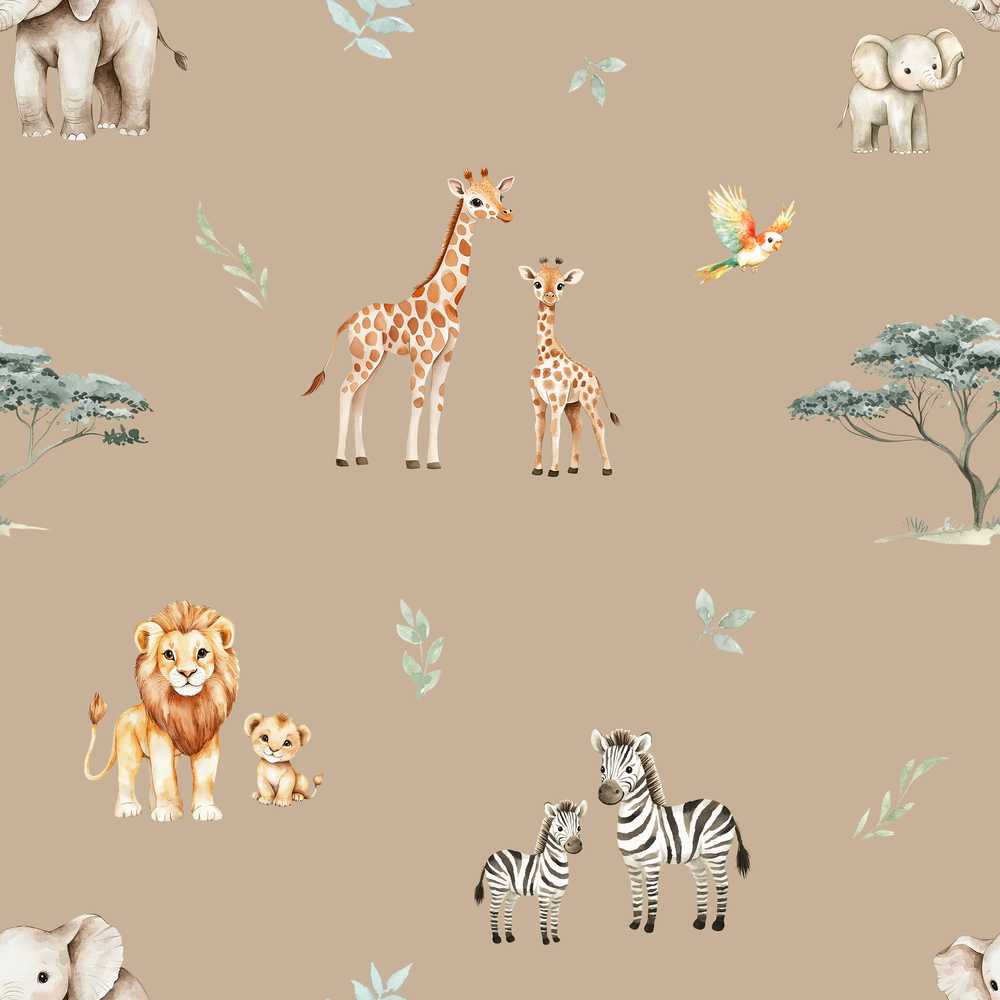 Cute Safari Animals Giraffe Lion Zebra Parrot Beige Background