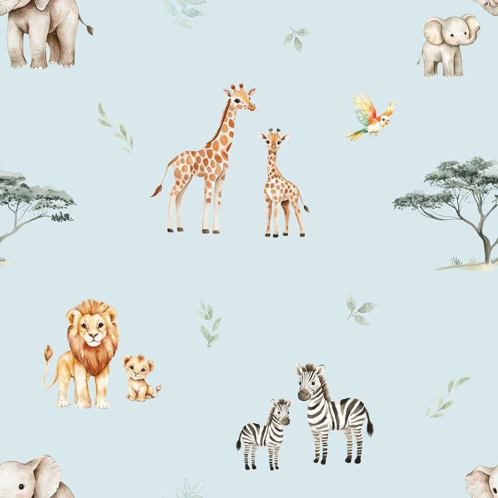 Cute Safari Animals Giraffe Lion Zebra Parrot Blue Background