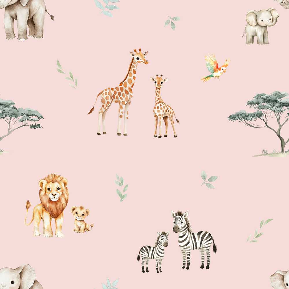 Cute Safari Animals Giraffe Lion Zebra Parrot Blush Pink Background