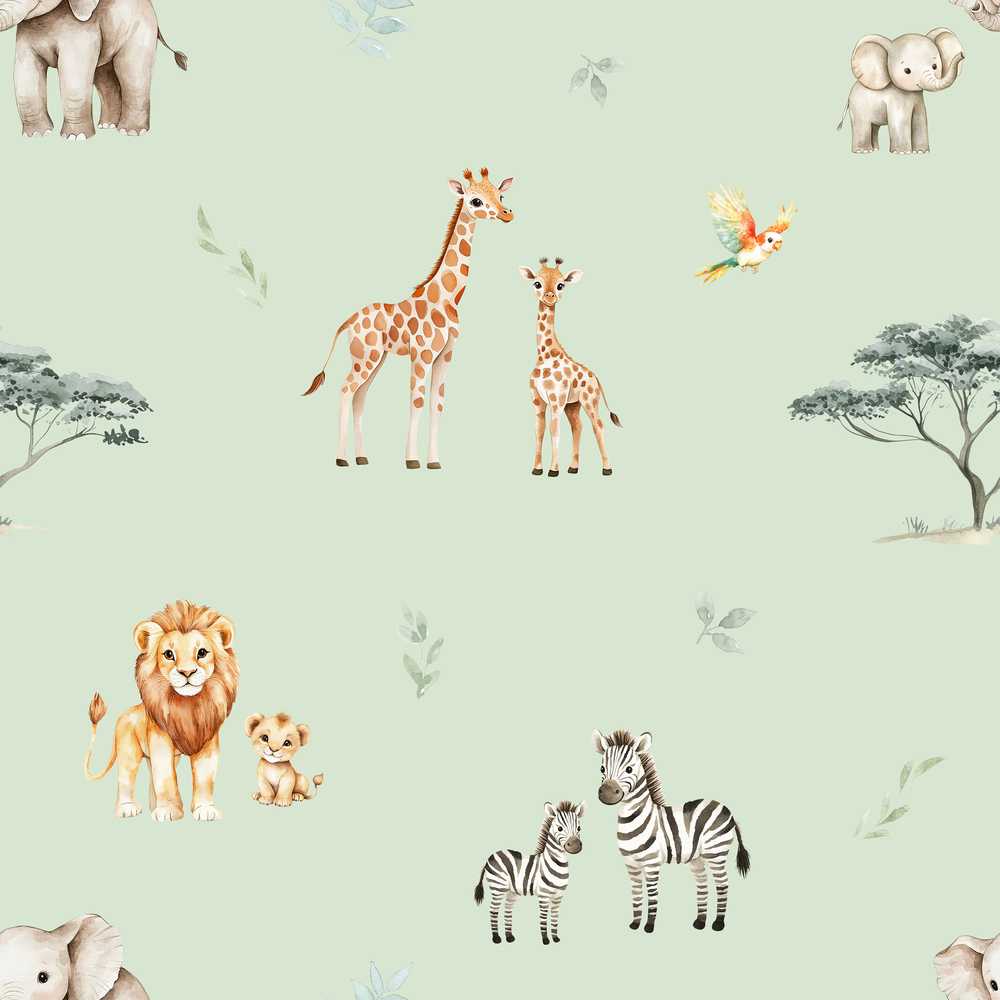 Cute Safari Animals Giraffe Lion Zebra Parrot Sage Green Background