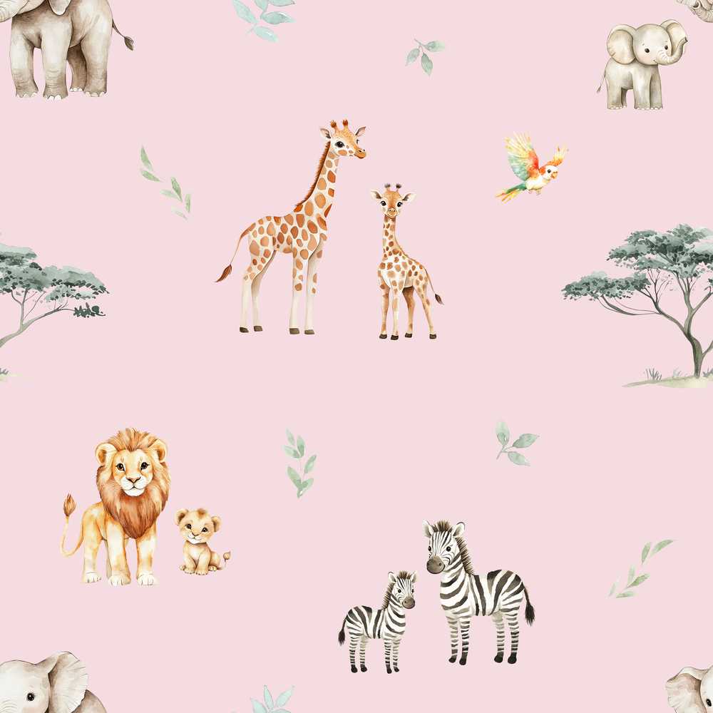 Cute Safari Animals Giraffe Lion Zebra Parrot Mauve Background