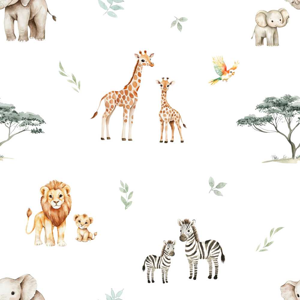 Cute Safari Animals Giraffe Lion Zebra Parrot Light Grey Background