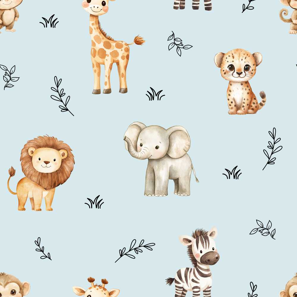 Cute Baby Safari Animals Elephant Giraffe Lion Zebra Blue Background