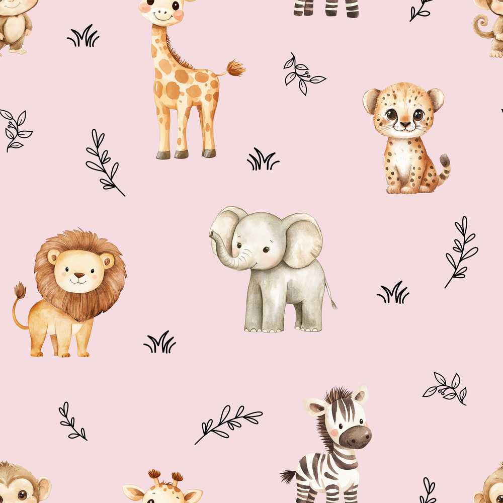 Cute Baby Safari Animals Giraffe Lion Elephant Leopard Blush Pink