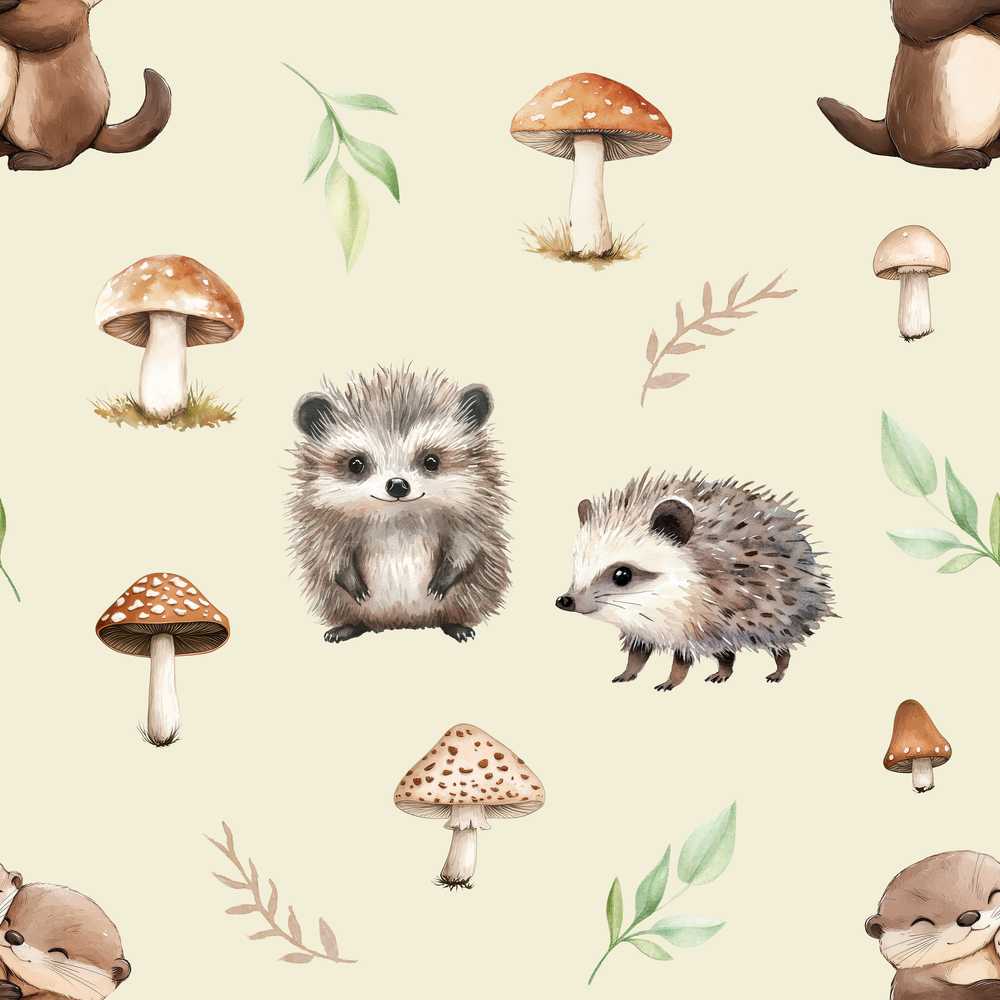 Cute Woodland Hedgehog Mushrooms Leaves Light Beige Background Wildflower