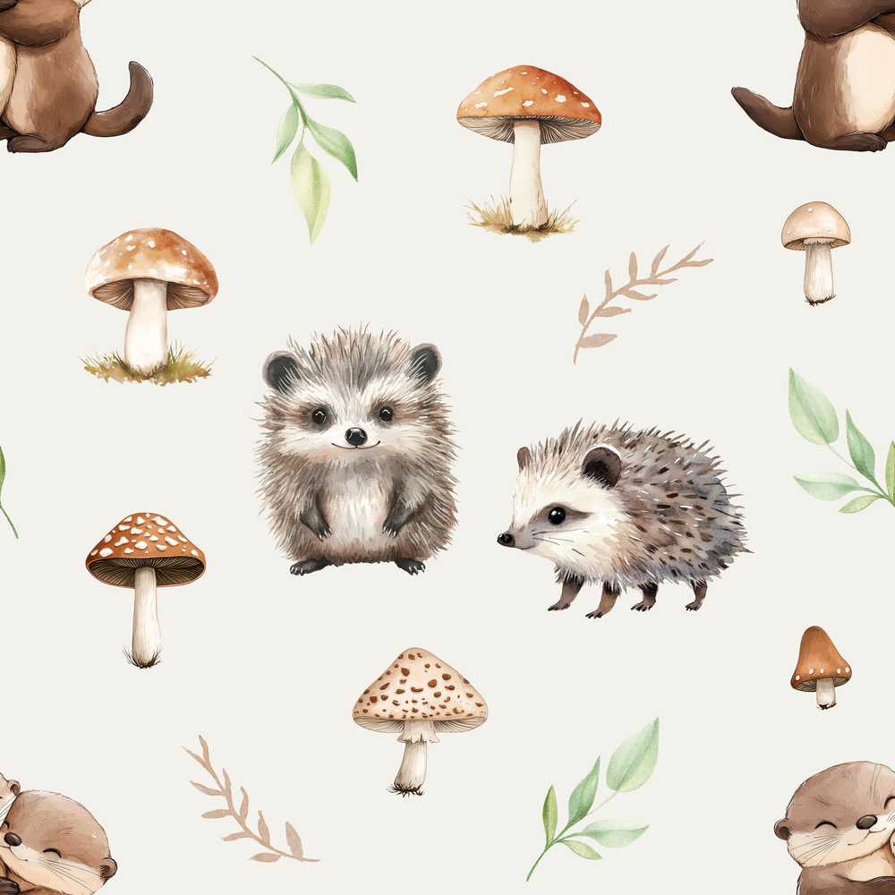 Cute Woodland Hedgehog Mushrooms Leaves Soft Grey Background Wildflower