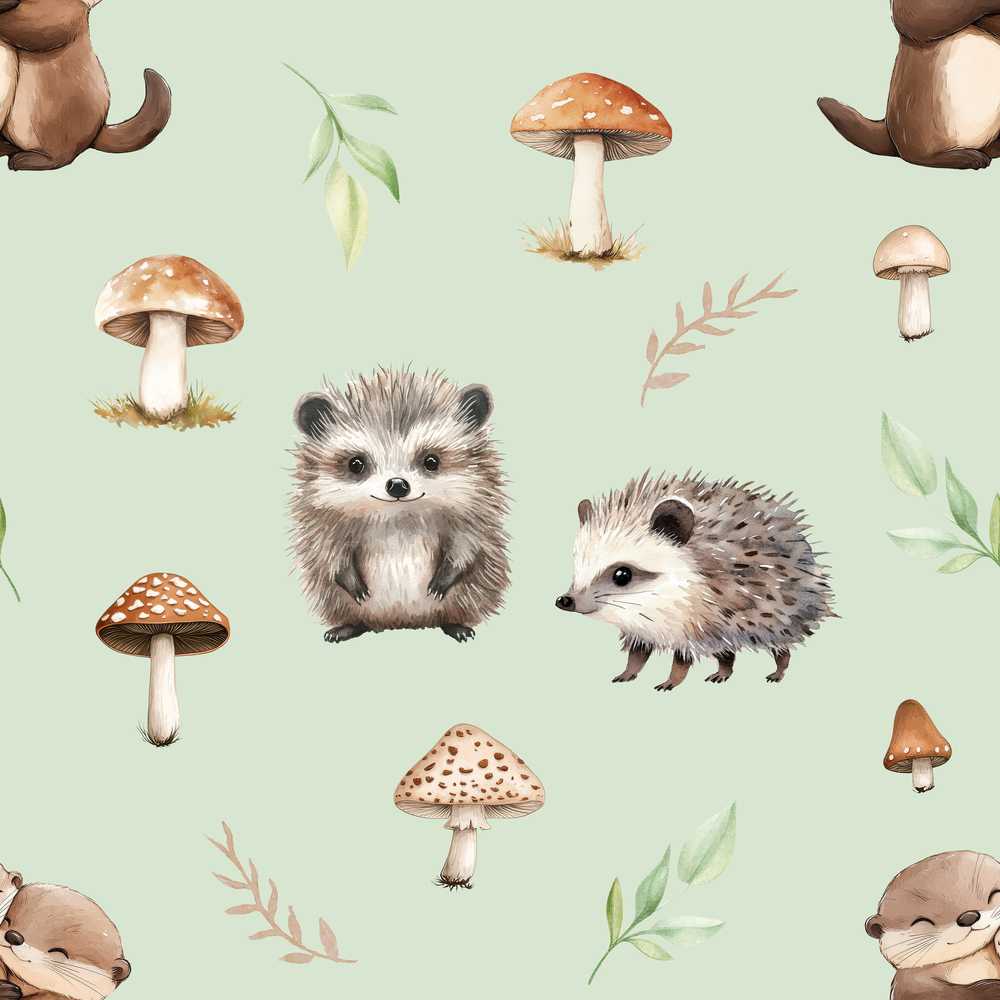 Cute Woodland Hedgehog Mushrooms Leaves Dusty Pink Background Wildflower
