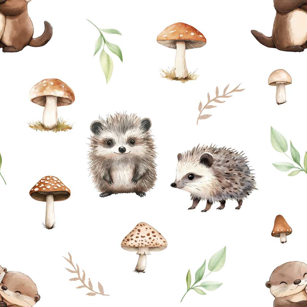 Cute Woodland Hedgehog Mushrooms Leaves Soft Grey Background Wildflower