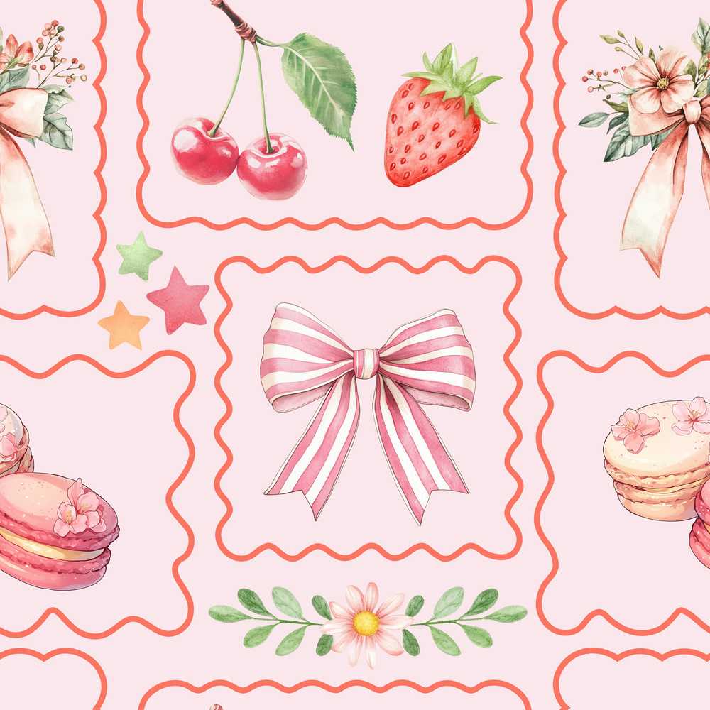 Cute Strawberry Cherry Ribbon Bow Sweet Dessert Blush Pink Background