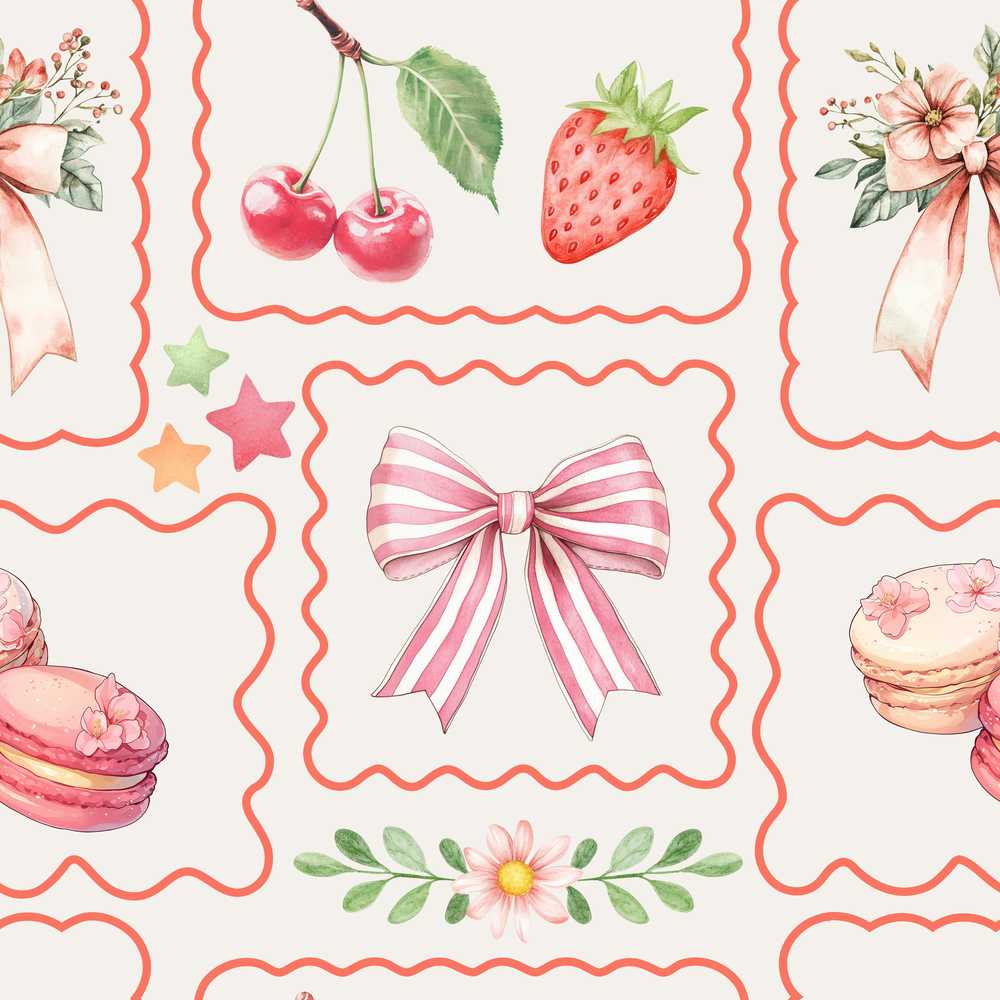 Cute Strawberry Cherry Ribbon Bow Sweet Dessert Light Cream Background