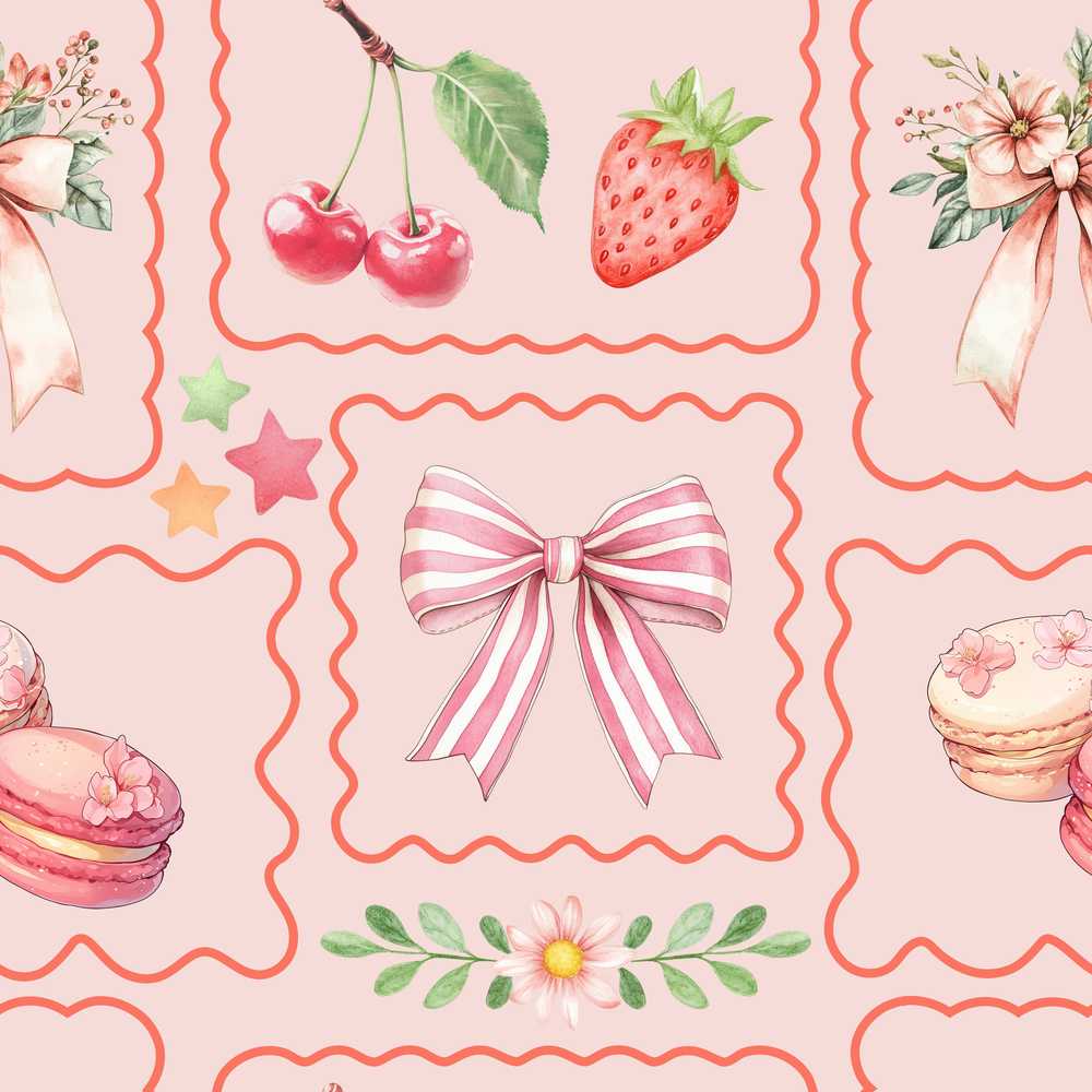 Cute Strawberry Cherry Ribbon Bow Sweet Dessert Pale Pink Background