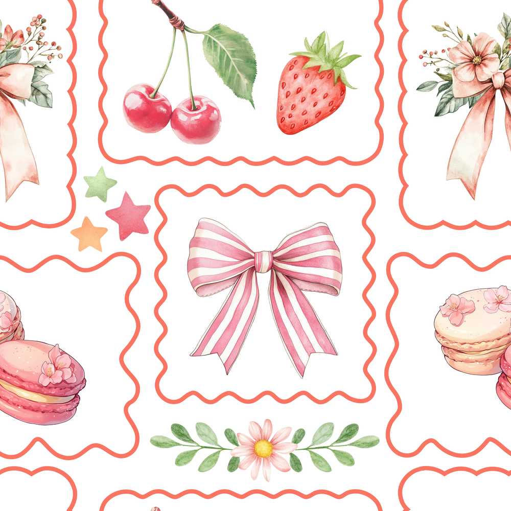 Cute Strawberry Cherry Ribbon Bow Sweet Dessert Light Grey Background