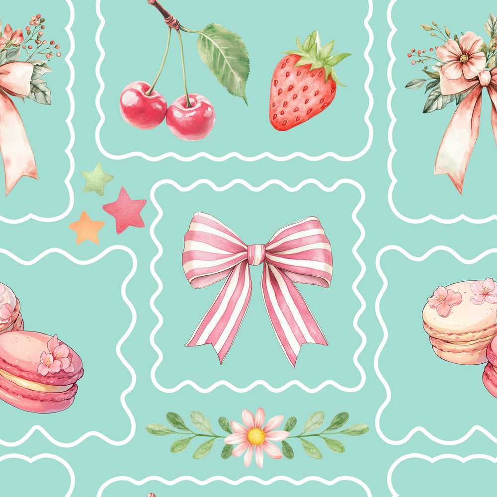 Cute Strawberry Cherry Ribbon Bow Sweet Dessert Teal Green Background