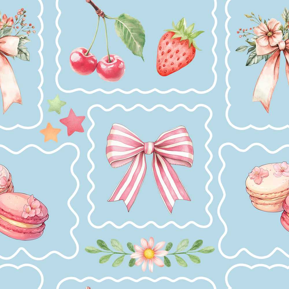 Cute Strawberry Cherry Ribbon Bow Sweet Dessert Dusty Blue Background